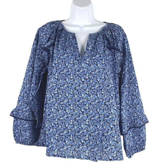J. Crew Peasant Top Floral Printed Ruffle‎ Trim Small Blue Cotton NWT TP-2449 - Picture 1 of 9
